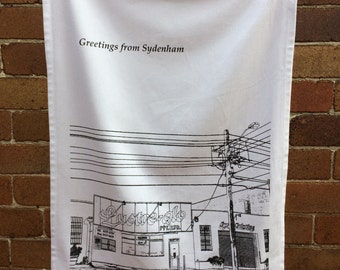 Lustre-Glo Garage - organic cotton teatowel/Sydenham/Sydney/Australia