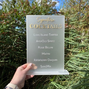 Enseigne de menu de cocktails personnalisée, cocktails signature, enseigne en acrylique, accessoires de bar, enseigne de mariage, liste de boissons, décoration de fête, cocktails