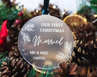 Personalised First Christmas as Mr & Mrs, 1st Christmas Married Bauble, Mr and Mrs Keepsake Gift Decoration, First Christmas Married