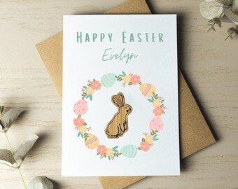Personalised Easter Card, Happy Easter, Card for Granddaughter Niece Daughter, Easter Bunny, Gift for Girls, Wooden Silver Charm, Cute Card