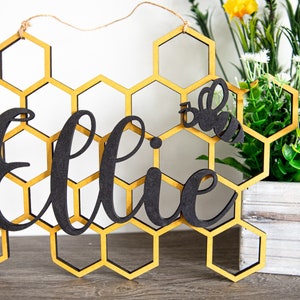 Personalised Hanging Name Sign | Nursery Decor | Children’s Bedroom | Bumble Bee Theme | Honeycomb & Bee Personalised Sign | Newborn Gift