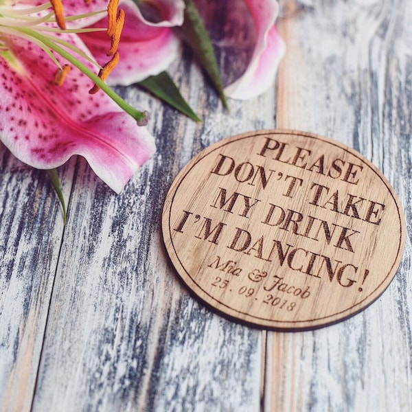 Personalised Please Don't Take My Drink Coaster, Wedding Favours, Bride & Groom, Wooden Favour, Wedding Gift, Personalised Favours, Oak Gift