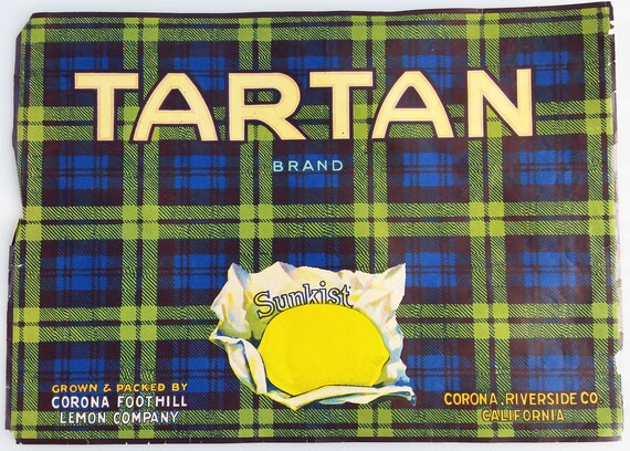 GENUINE CITRUS CRATE LABEL TARTAN CORONA SCOTTISH RIVERSIDE 1930S VINTAGE GENUINE CITRUS CRATE LABEL TARTAN CORONA SCOTTISH RIVERSIDE 1930S VINTAGE