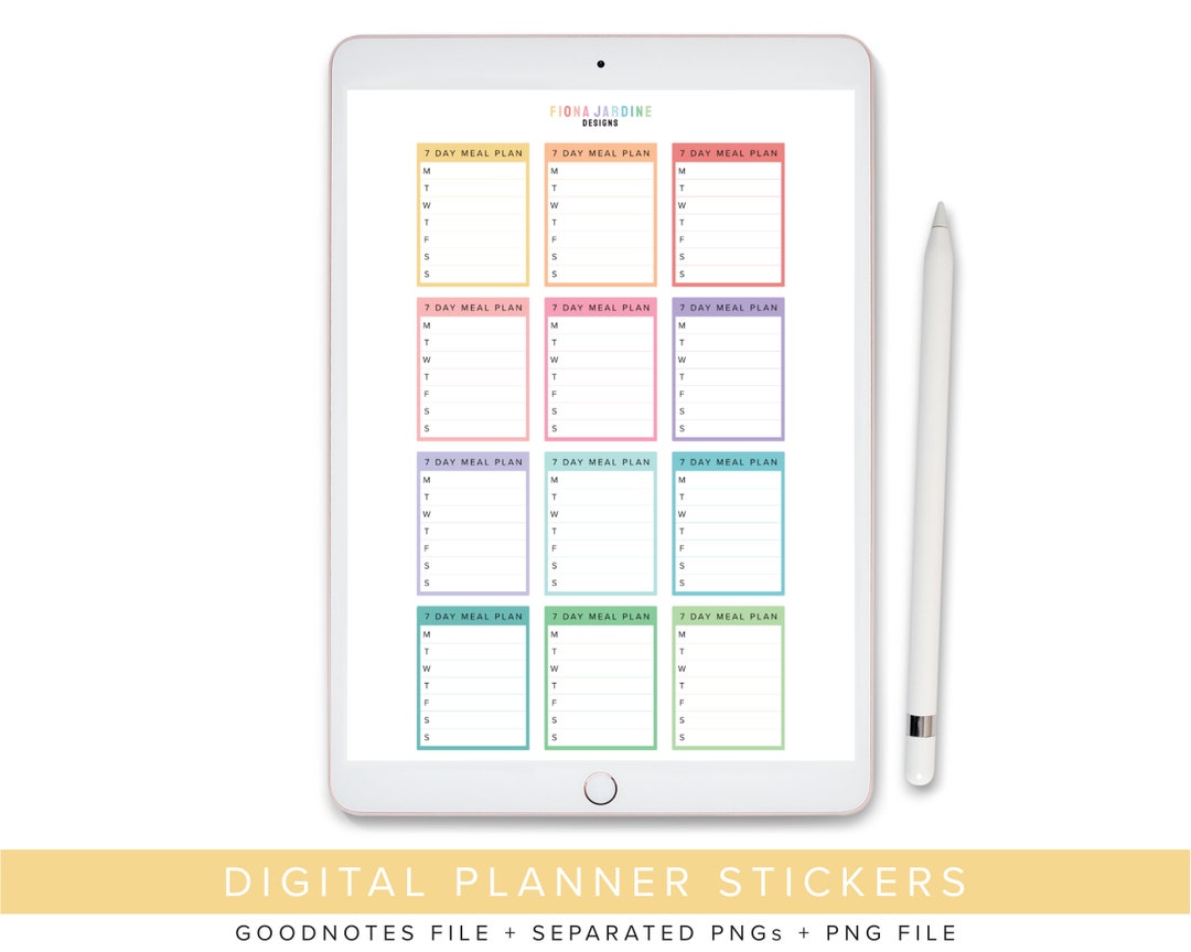 Weekly Meal Planner Digital Stickers, 7 Day Menu Digital Planner ...