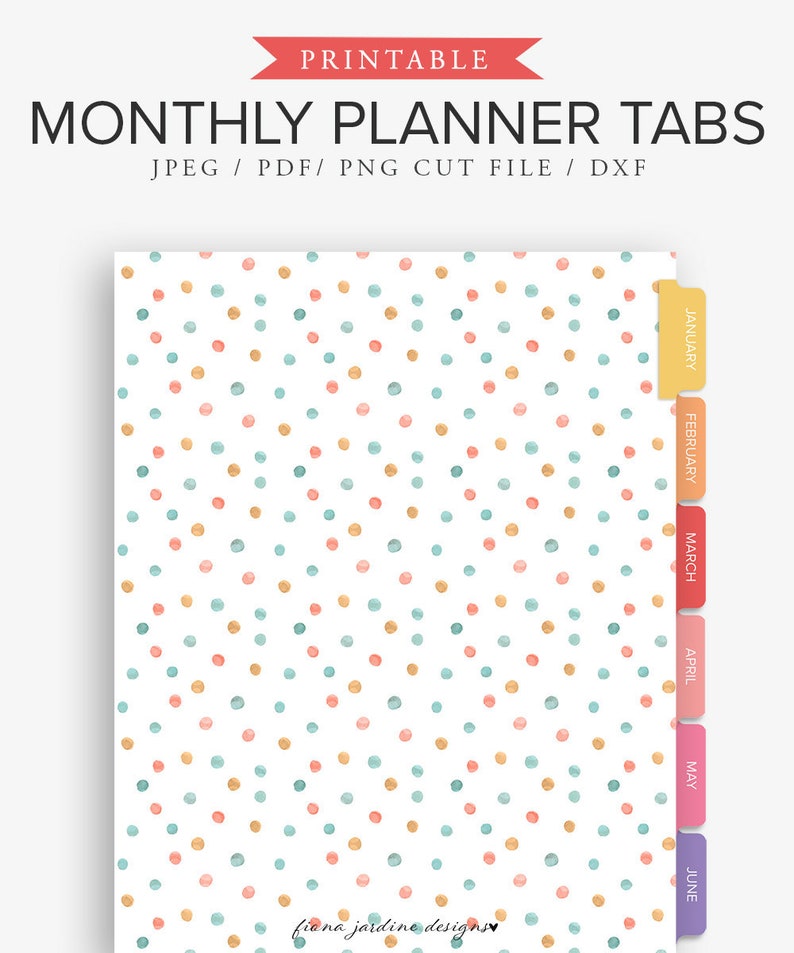 Rainbow colored printable monthly planner tabs with white etsy australia