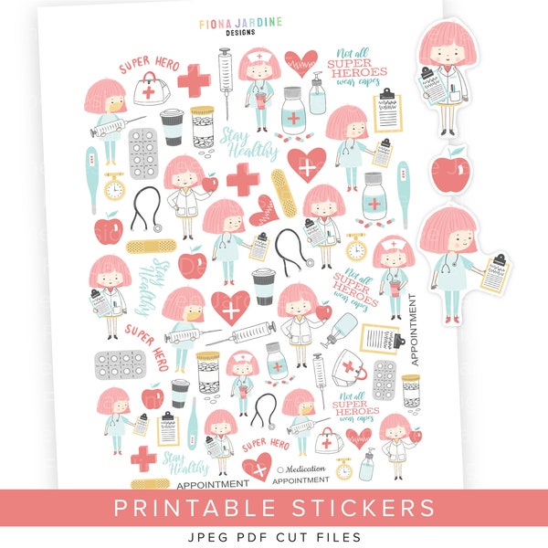 Nurse and Doctor Printable Planner Stickers, Nurse Stickers for Daily Planner, Health Care + Medical Printable Bullet Style Journal Stickers