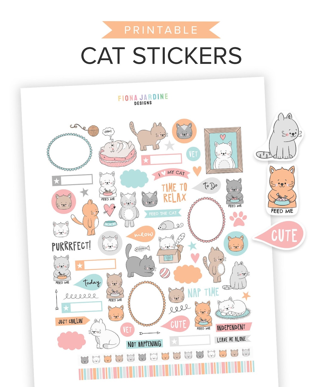 Cat Themed Printable Planner Stickers Feline Printable Bullet - Etsy