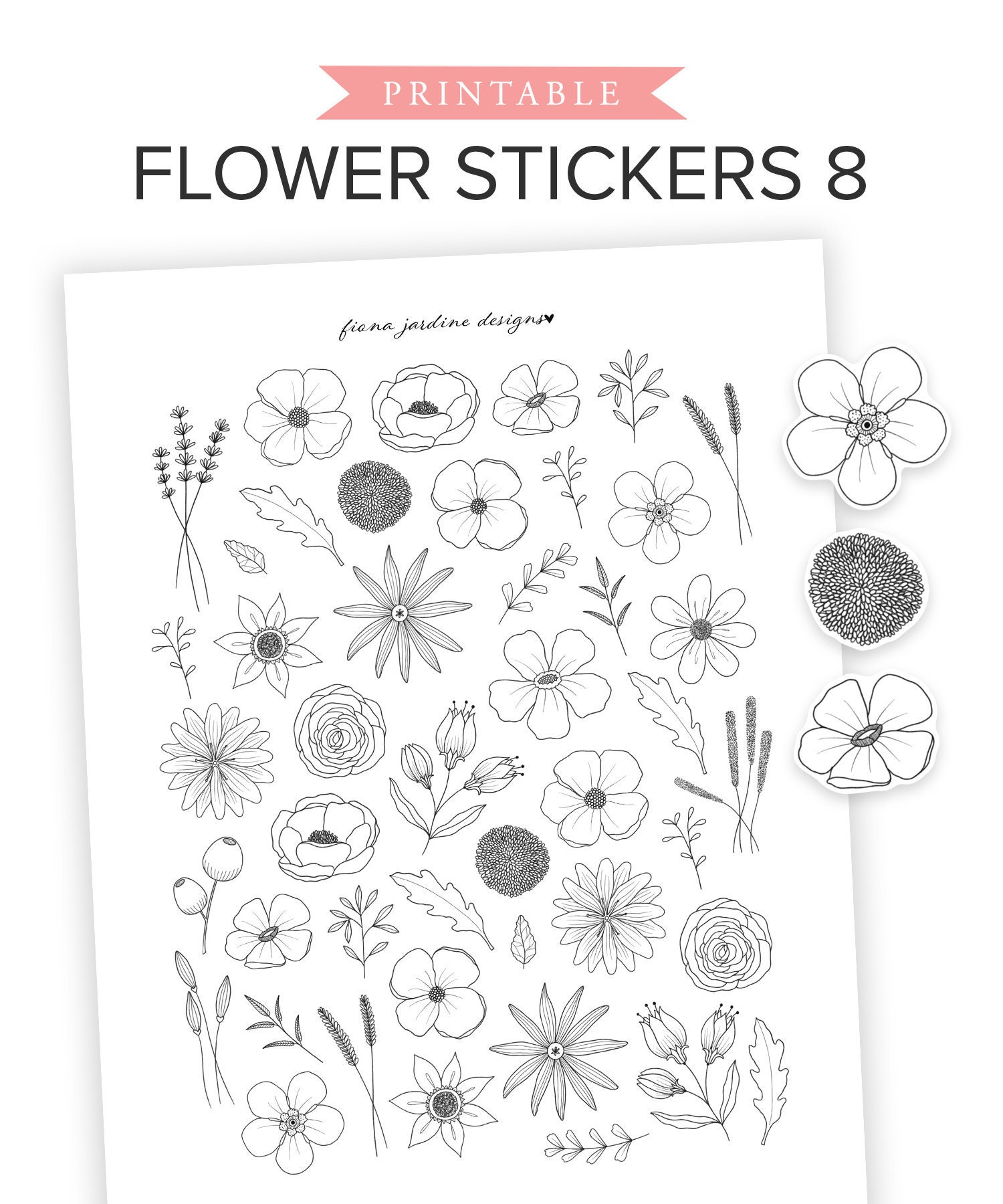 printable bullet journal flower stickers printable planner etsy