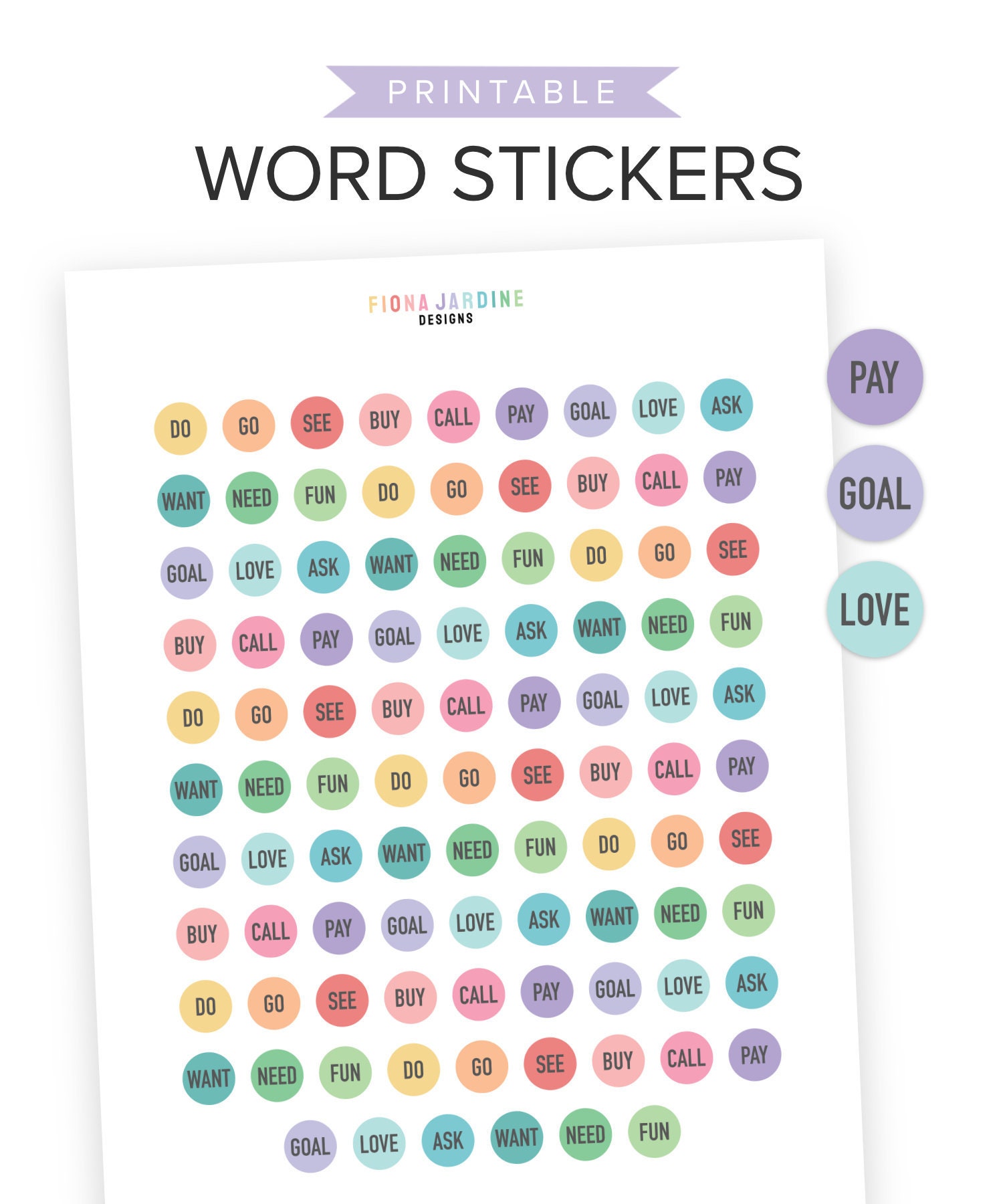 colorful round word printable planner stickers circle etsy norway