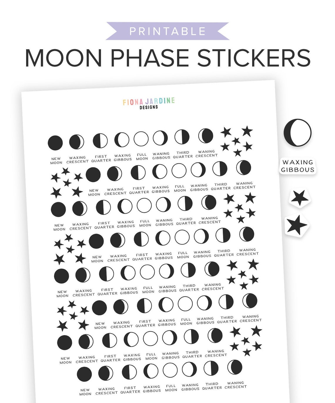 moon phase printable planner stickers bullet journal etsy
