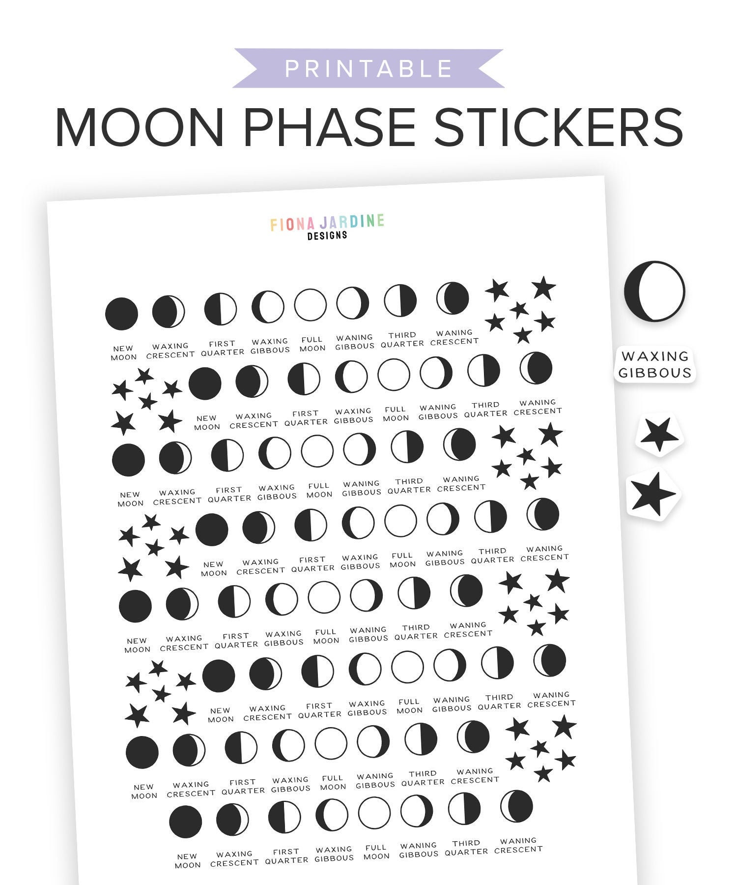 Moon Phase Printable Planner Stickers Bullet Journal - Etsy