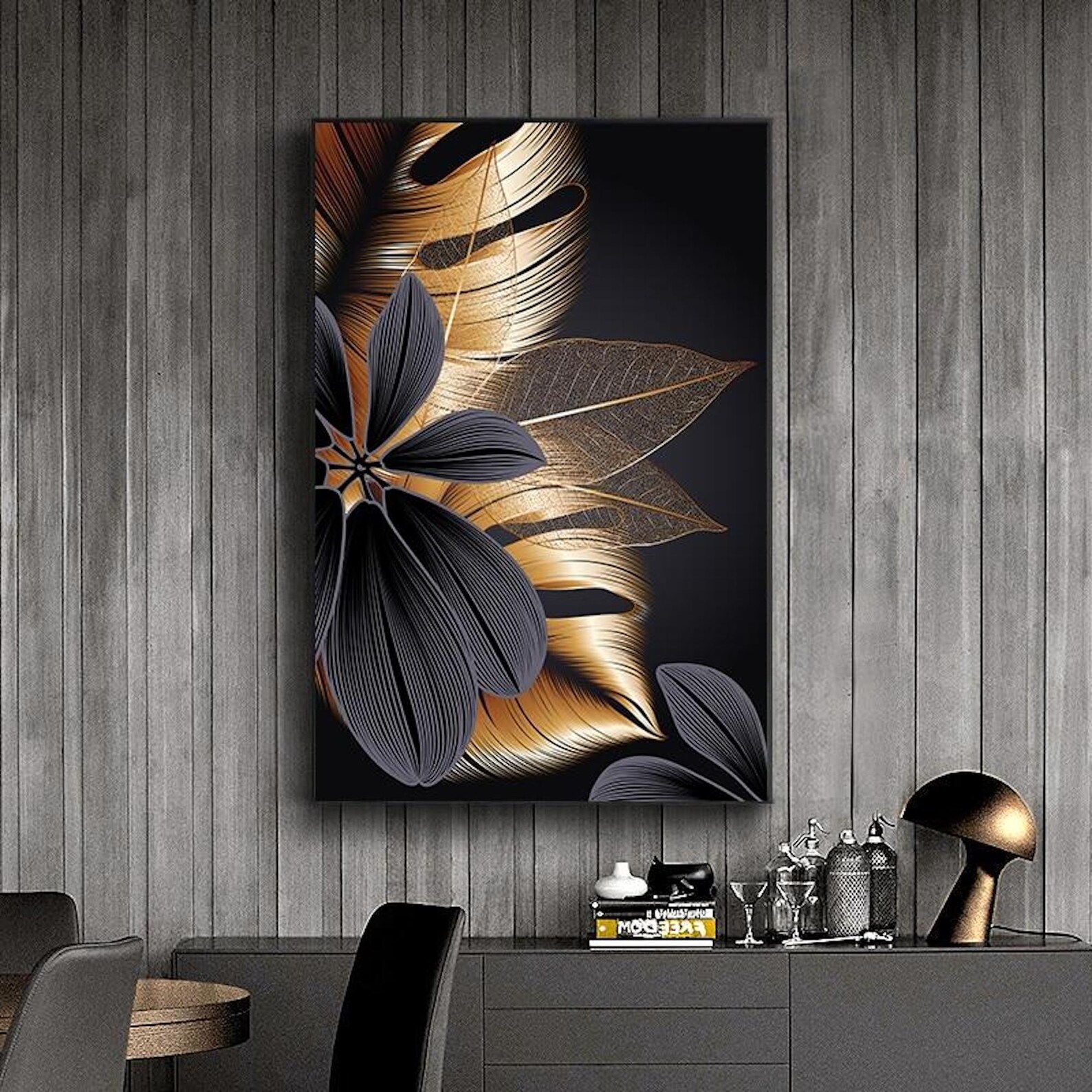 Black Canvas Wall Art Printable Wall Art Nursery Wall Art Golden Plant