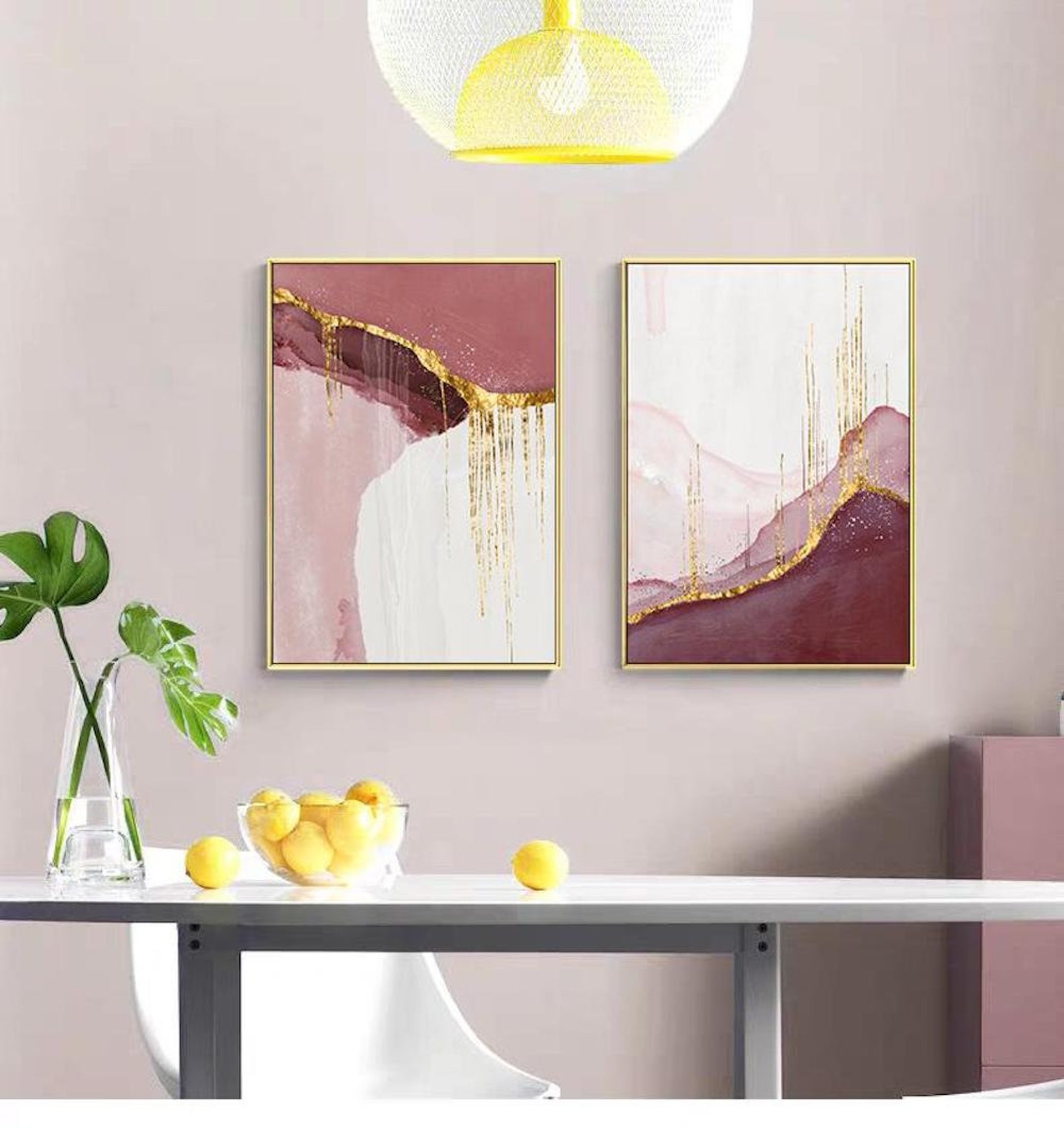 Set of 3 Prints Modern Abstract Golden Pink Canvas Painting Pink Wall