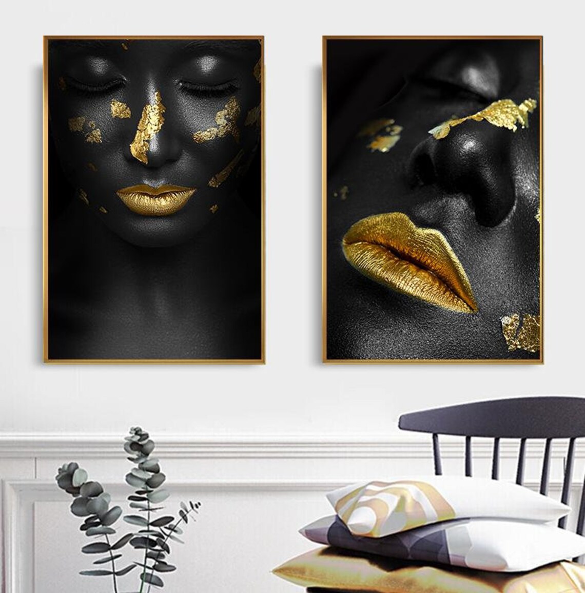 Golden Black Lady Canvas Painting Wall Art Black and Gold Etsy
