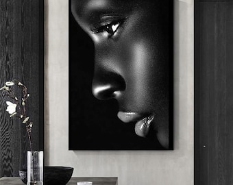 Black Profile Lip Woman Oil Painting Canvas Black African American Woman Art Prints Black and Gold woman wall canvas black wall Canvas