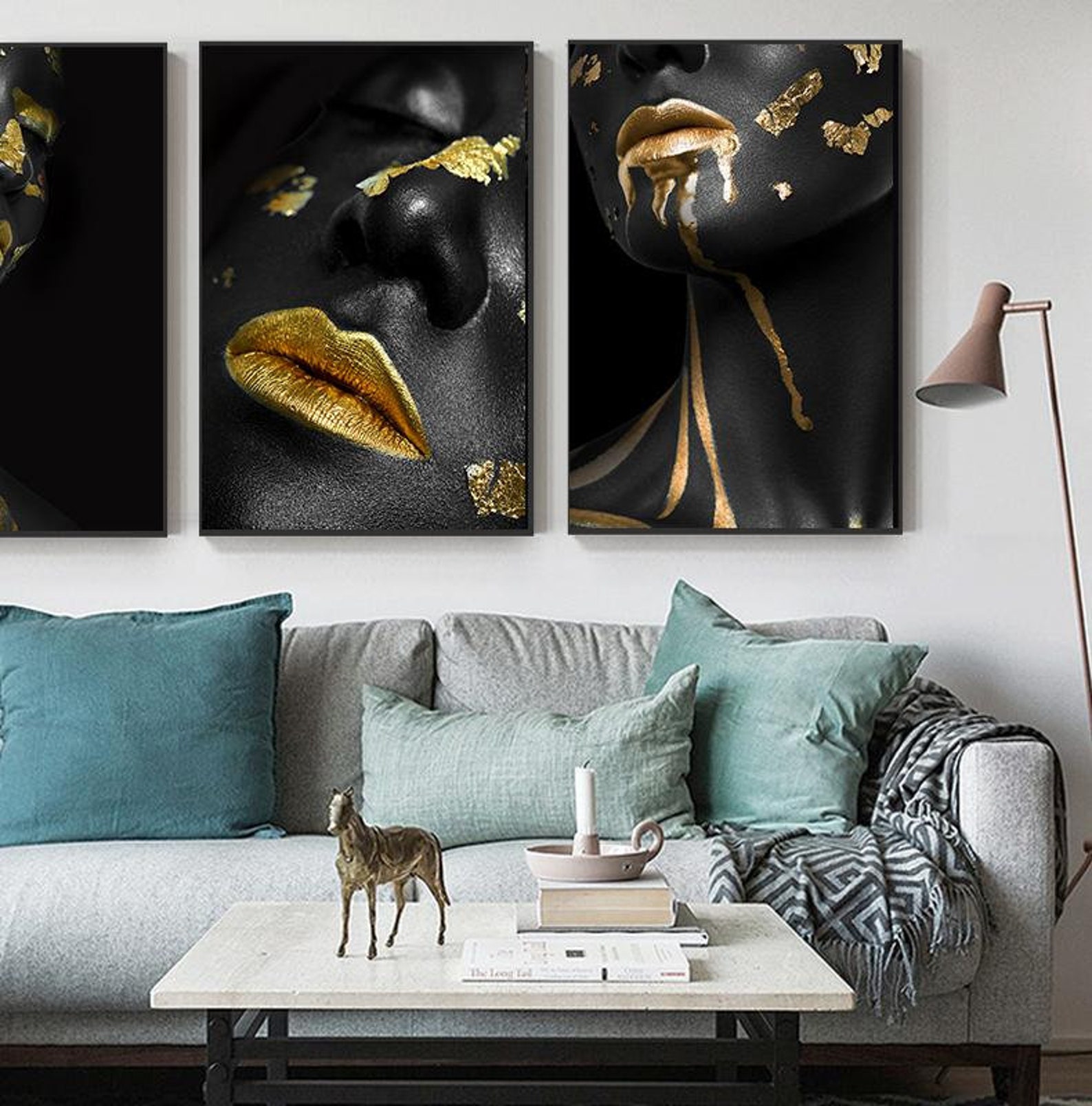 Golden Black Lady Canvas Painting Wall Art, Black and Gold Woman Wall