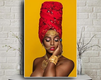 African American Woman Wall Art with Gold Oil Prints aesthetic wall art African Art Woman Oil Painting Prints on Canvas wall hanging