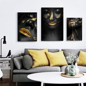 Golden Black Lady Canvas Painting Wall Art, Black and Gold Woman Wall ...
