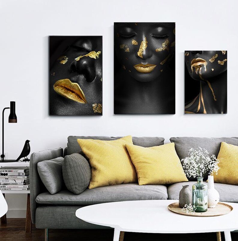 Golden Black Lady Canvas Painting Wall Art, Black and Gold Woman Wall