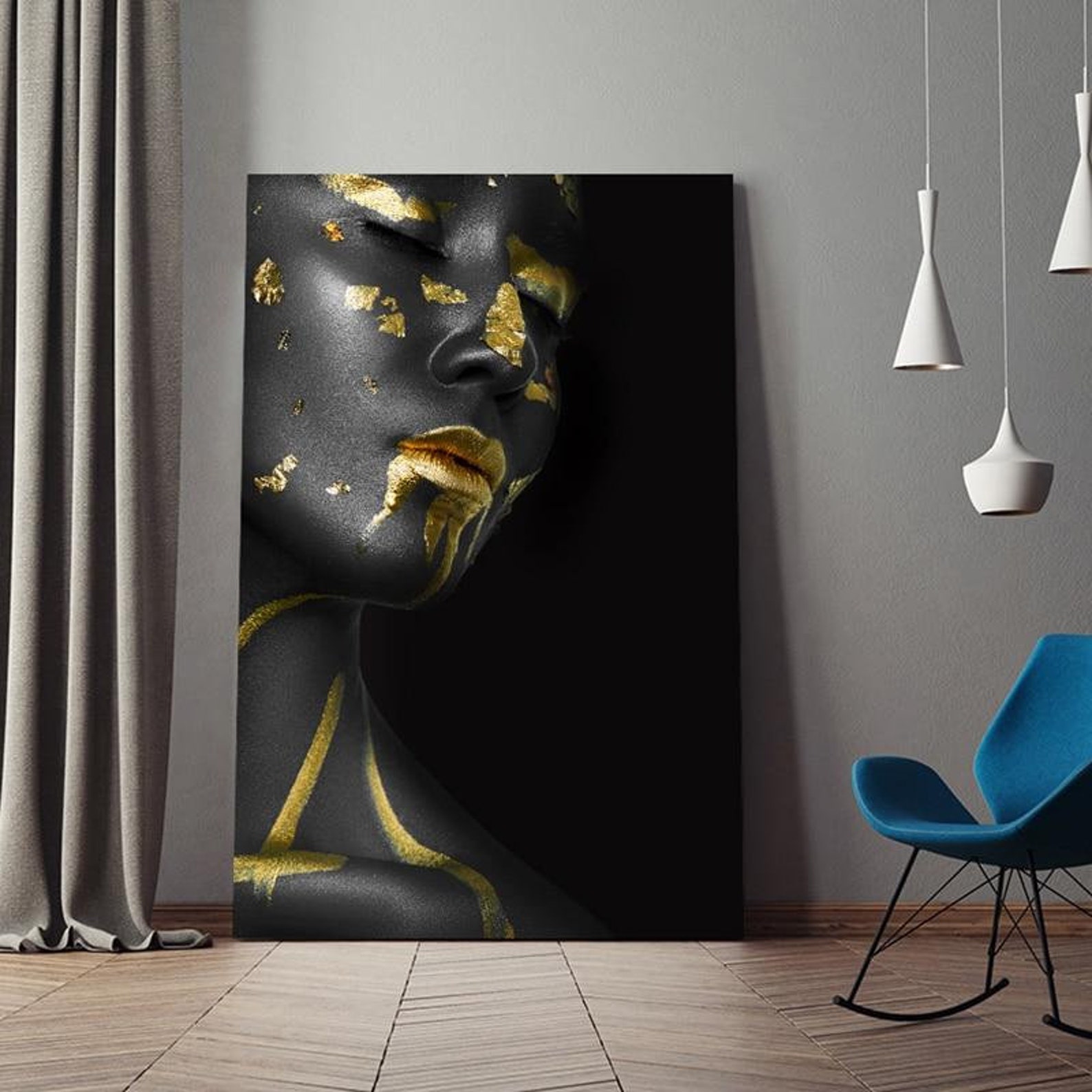 Golden Black Lady Canvas Painting Wall Art, Black and Gold Woman Wall
