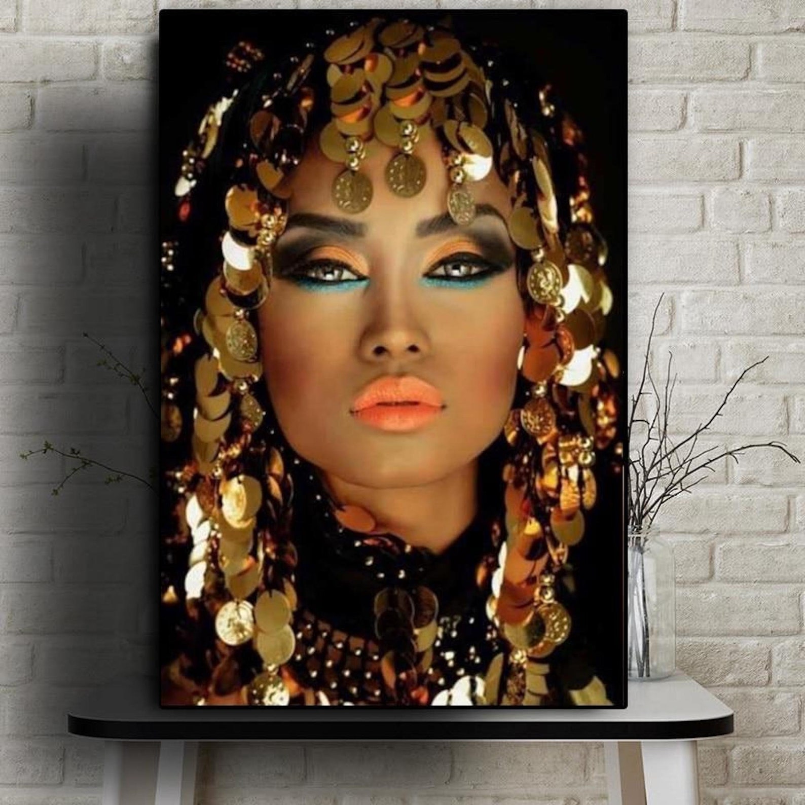 Black Art Bling Gold Makeup Woman Canvas Black Wall Art African Woman