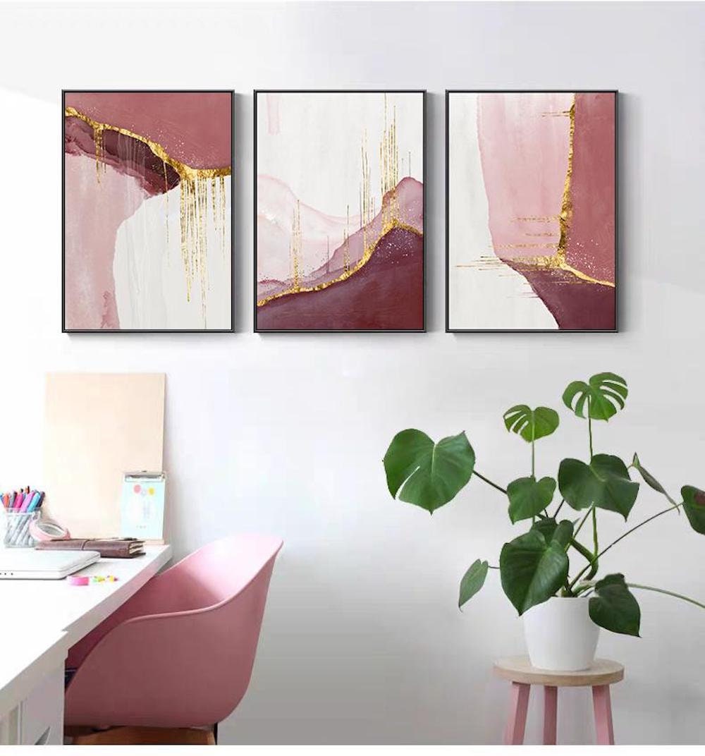 Set of 3 Prints Modern Abstract Golden Pink Canvas Painting Pink Wall