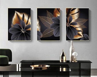 Black Golden Plant Leaf | Contemporary Art, Canvas,Wall Art Canvas, Giclee Art Canvas, Prints Picture, flower wall art
