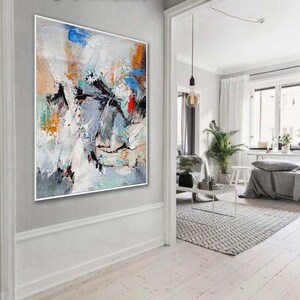 Modern Palette Wall Art Extra Large Oversize Handmade Vertical Acrylic Canvas Painting Colorful Abstract Artwork Gray Blue