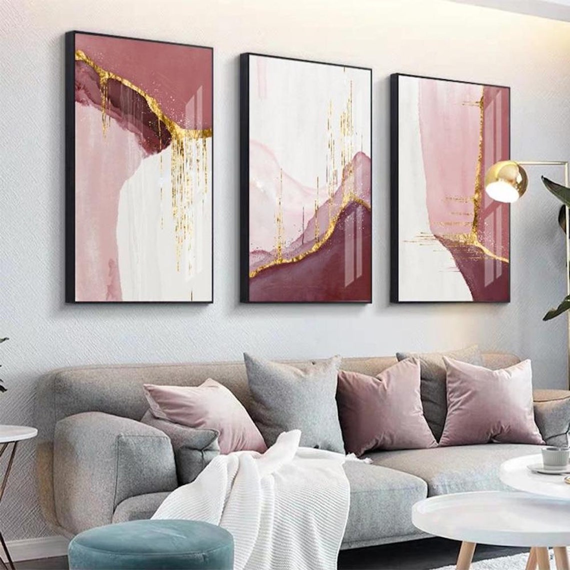 Set of 3 Prints Modern Abstract Golden Pink Canvas Painting Pink Wall