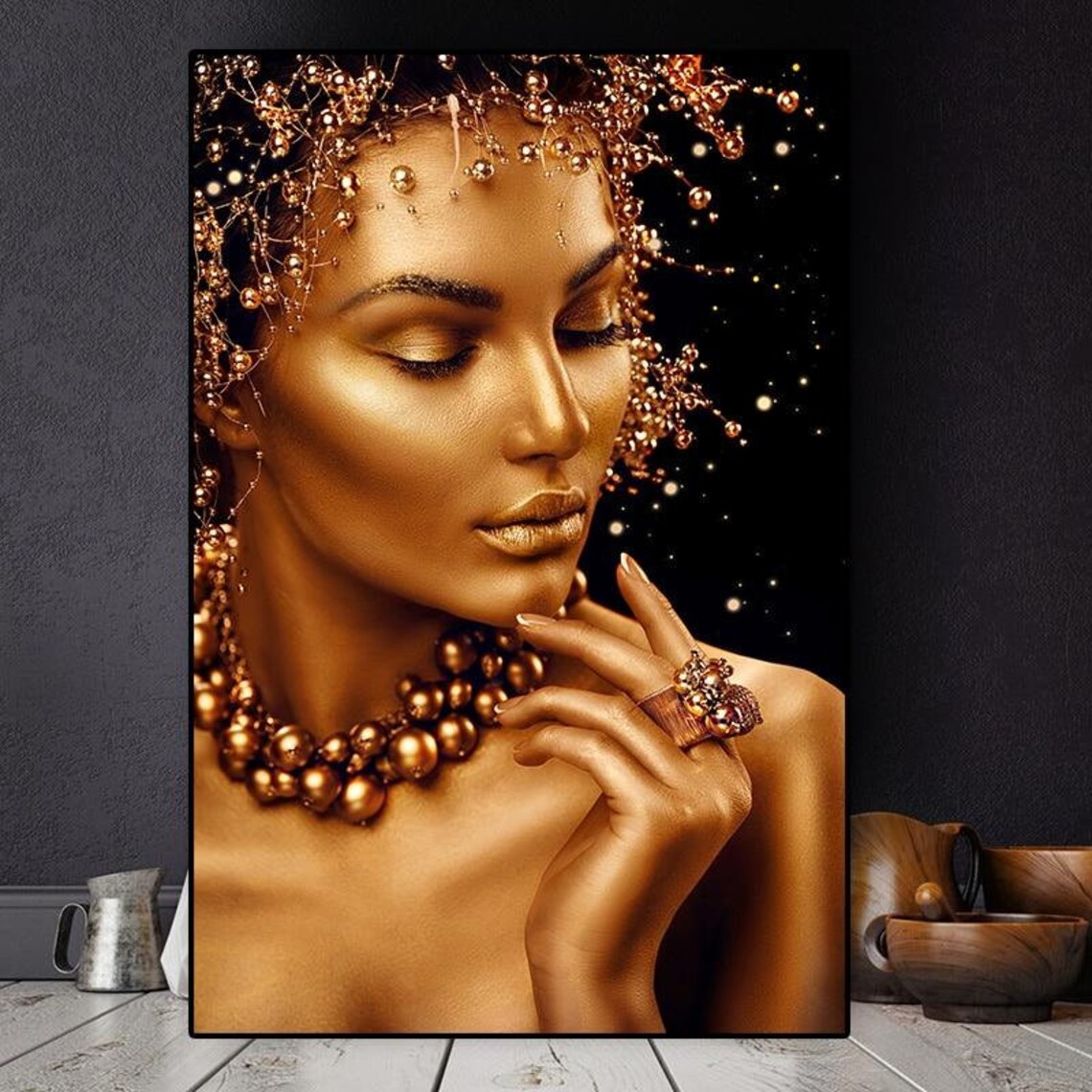 Black and Gold Woman Oil Painting Canvas Wall Art Decor Print, Black