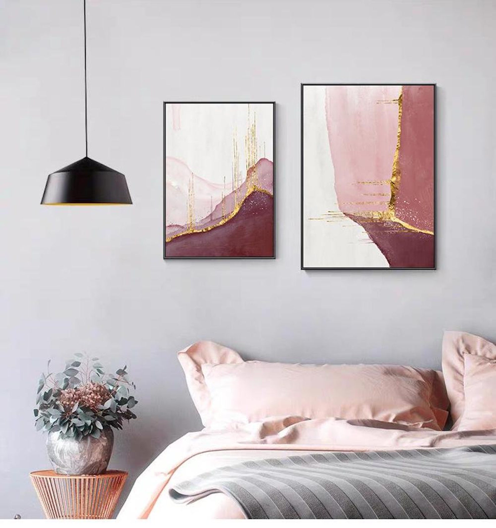 Set of 3 Prints Modern Abstract Golden Pink Canvas Painting Pink Wall