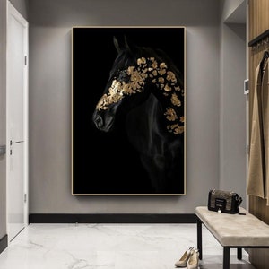 Elegant Black and Gold Horse Artwork: Refined Canvas Poster - Extra large Decor for Horse Owners and Animal Admirers Unique animal print