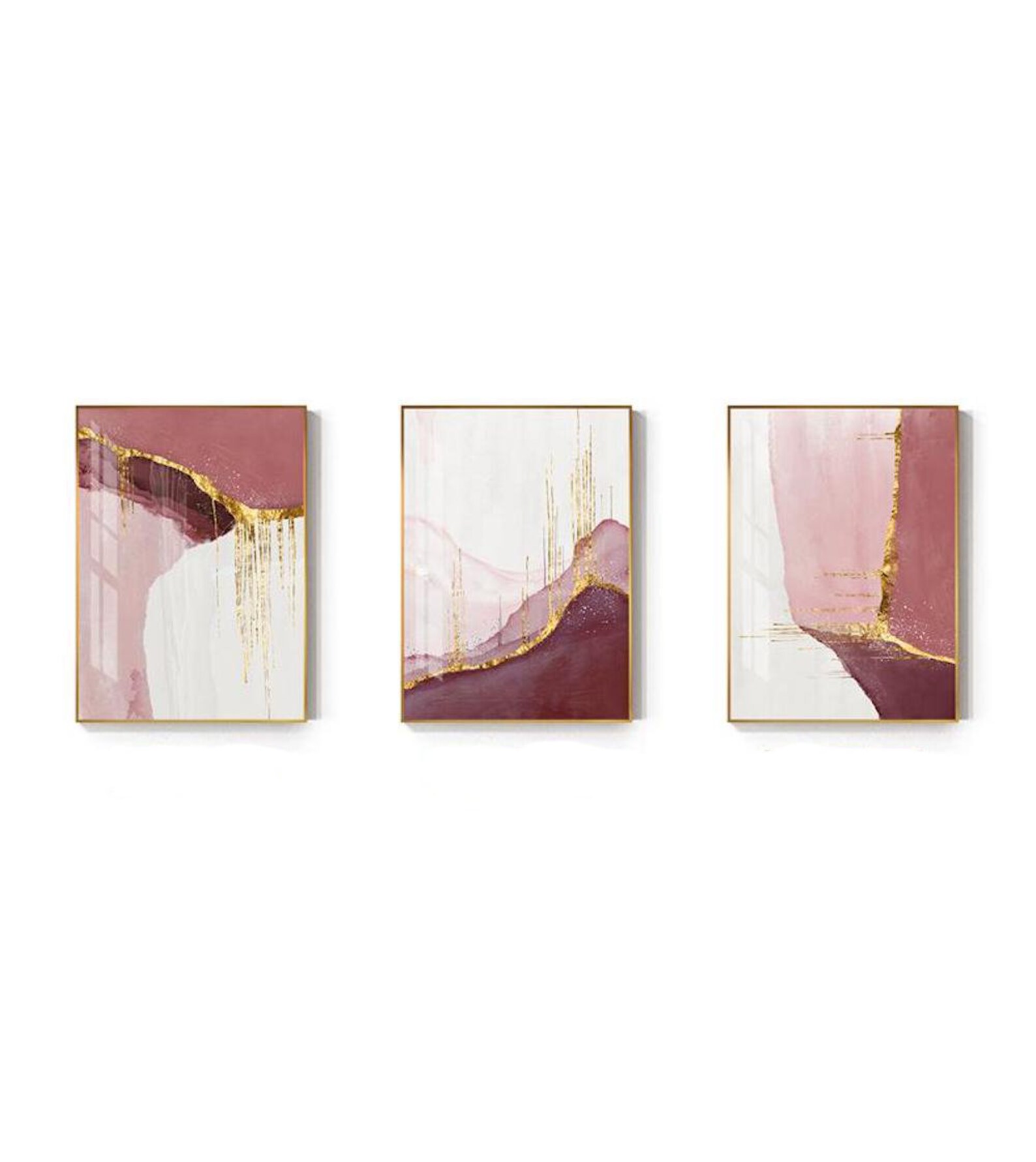 Set of 3 Prints Modern Abstract Golden Pink Canvas Painting Pink Wall