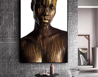 feminine wall art Nude Woman Oil Painting, African Gold Poster Wall Art Picture, black wall art, black woman art, nude print, female nudes