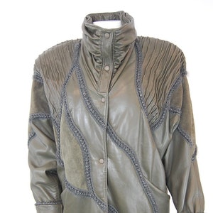 80&#39;s Statement jacket in olive green | Patchwork coat in leather & suede | Women&#39;s winter coat | Long coat| Avant Garde Small | Medium