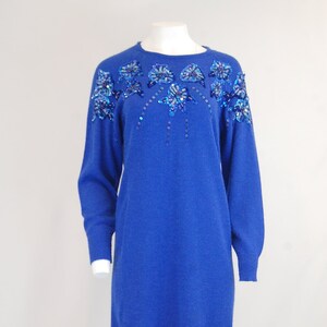 80&#39;s | 90&#39;s cobalt blue sweater dress | Glam sweater dress | Wedding guest dress | Blue floral sequin detail on wool dress Small | 4
