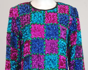 80's vintage sequin blouse | Glam sequin blouse| Women's special occasion Birthday blouse | Purple blue & pink Cocktail party blouse | Large
