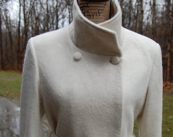 Abrigo blanco de invierno / Ropa formal / Abrigo de lana de cintura corta con cuello de pie / Abrigo de lana de doble pecho para mujer / Pequeño mediano