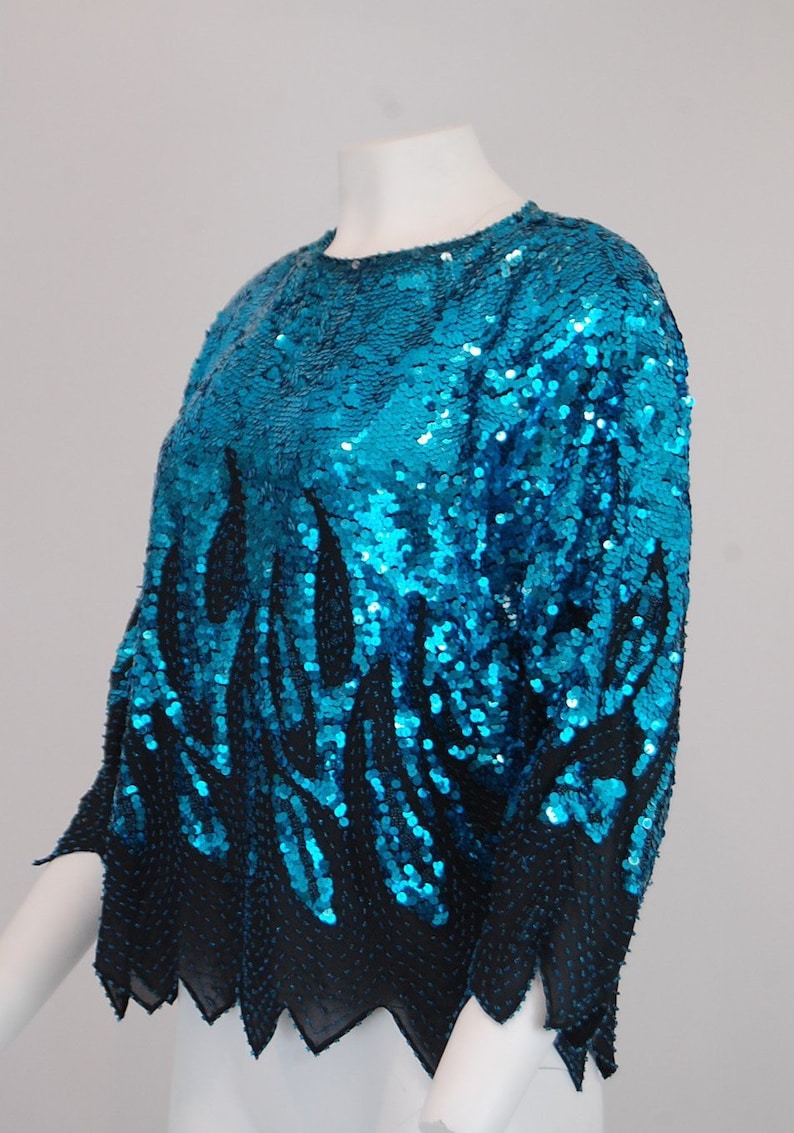 Special occasion party blouse Large Aqua blue sequin blouse 80/'s retro glam vintage clothing Women/'s vintage evening blouse