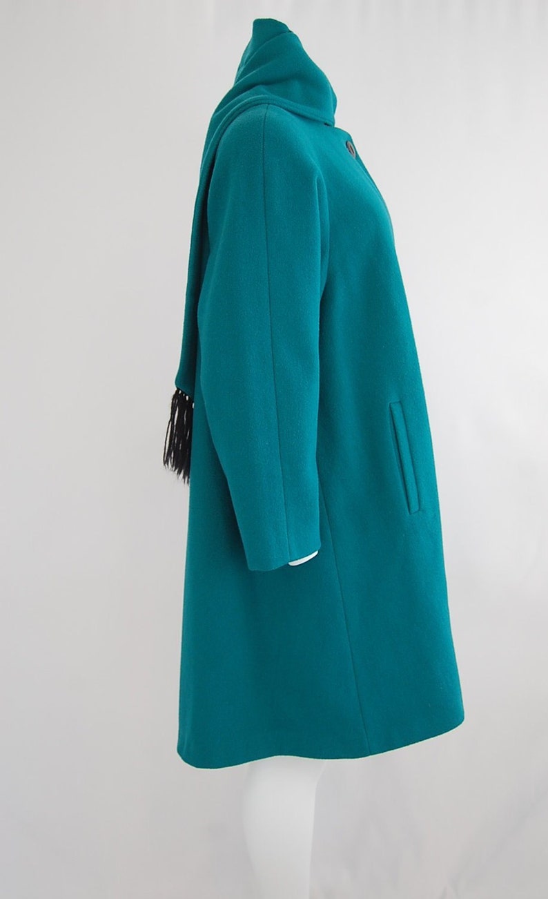 70/'s swing coat with black fringe scarf wrap Medium Vintage winter coat in aqua teal wool Small