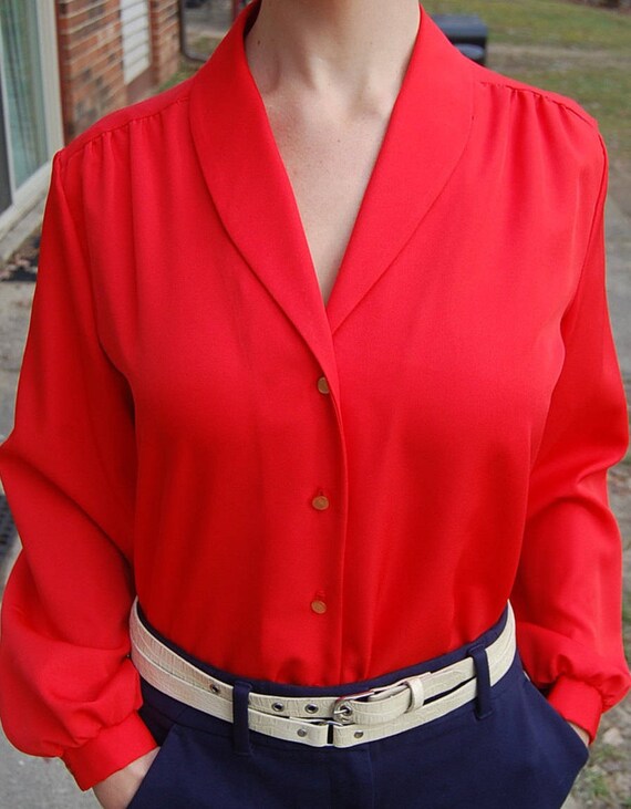80s fire engine red button up with long sleeves | Mad Men secretary | Women's vintage blouse | XL