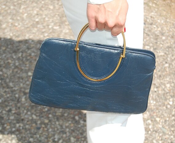 Women's Navy Blue Clutch Hand Bag With Gold Top Handle 