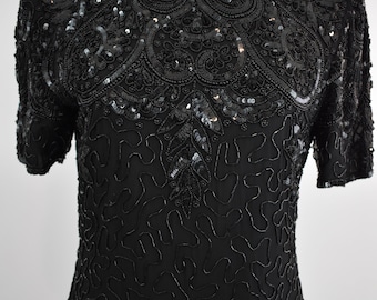 Vestido de fiesta de seda y lentejuelas para mujer / Modesto LBD / Vestido formal de invitada de boda / Vestido de cóctel negro corto / Mediano