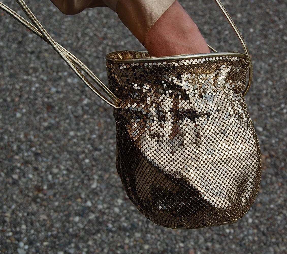 Gold metal hand bag mesh beggar purse by Whiting and Davis Etsy