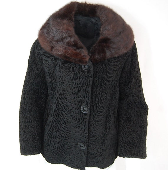 Vintage 1950s Black Astrakhan Fur Coat with Black Rolled Mink Collar Size M