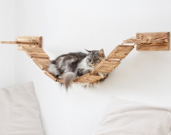 Large Wall Mounted Cat Bridge Lounge Platform - Built Solid Wood And Strong Ropes - Wooden Cat Furniture