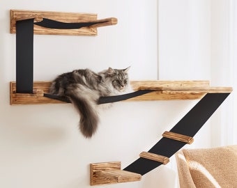 Large Wall Mounted Cat Shelf Play Platform With Bed - Solid Wood Cat Sleeper Shelf - Wooden Cat Furniture Collection