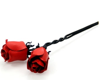 Bouquet of 2 Black Iron Roses With Red Petals Twisted Together Forever - Beautiful Gift For 6th Wedding Anniversary With Deep Message