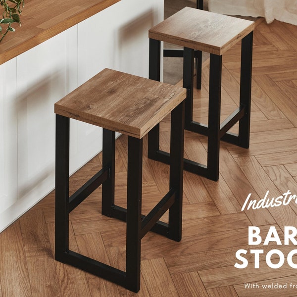 Bar Stool Welded Black Frame Stool with Footrest for Kitchen Living Room Industrial Kitchen Breakfast Bar Stools Rustic Brown Wood Top