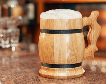 Impressive Handmade Wooden Beer Mug - Oak Wood Pint Beer Stein Tankard - Gift For Craft Beer Enthusiasts - Unique Conversation Starter